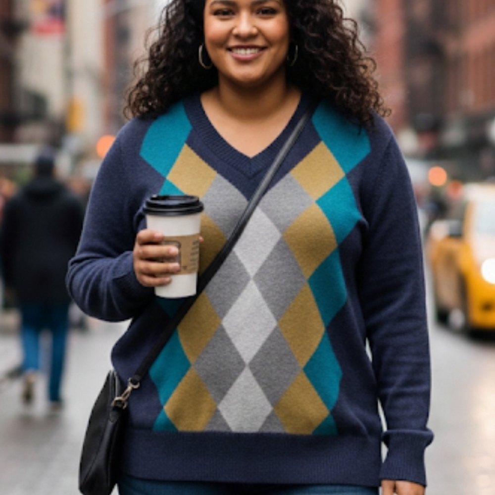 Sonoma Women's 1X V-Neck Argyle Sweater Navy With Gray, Teal and Olive. Academic